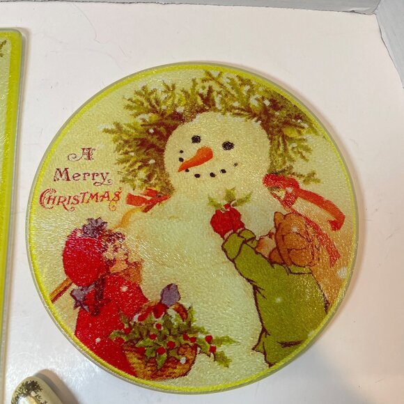 Christmas-Themed Glass Cheese Board Set with Spreader and Tray Snowman and Child - Picture 3 of 7